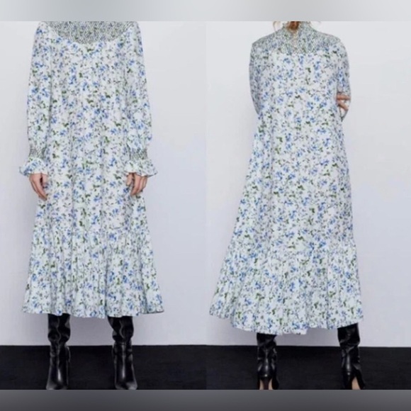 Zara NWT Printed Rustic Smocked High Neck Floral Midi Dress, Size S - Picture 3 of 14